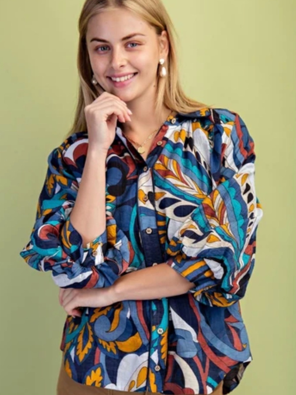 GiGio Mixed Print Puff Sleeve Top with button down front and collar Size S